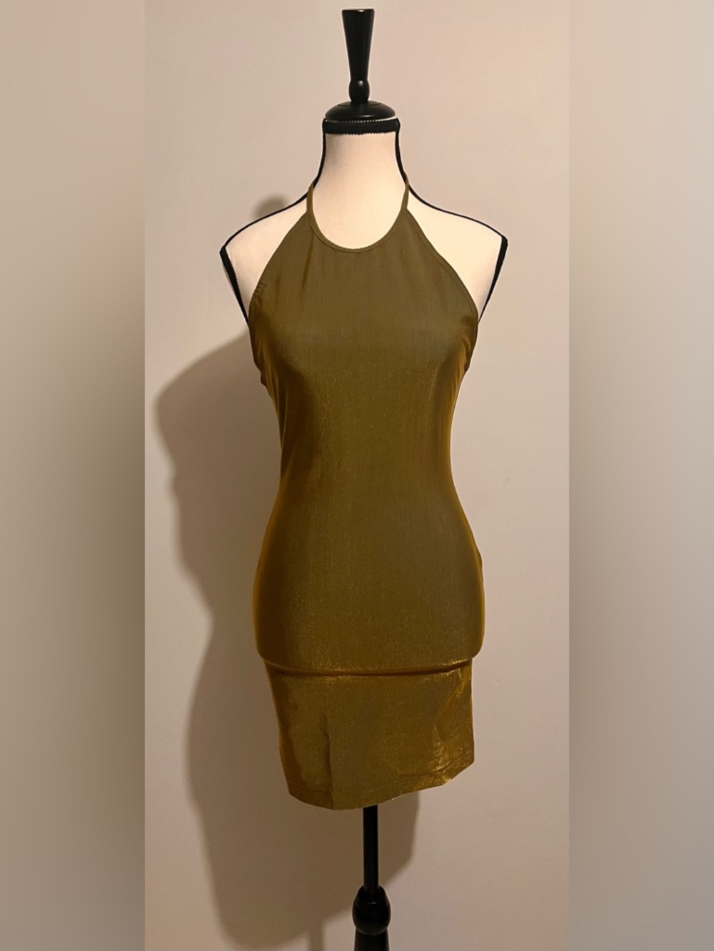 90's Olive Green- Gold Halter Mini stretchy dress